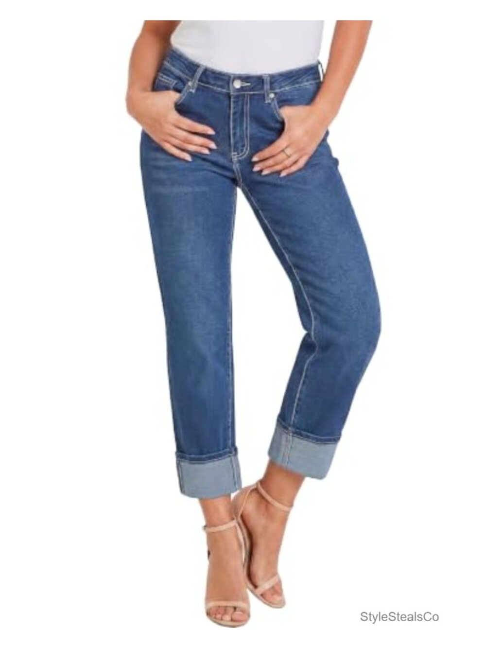 High Waisted Straight Leg Capri Jeans Stretch Denim Cropped Cuffed